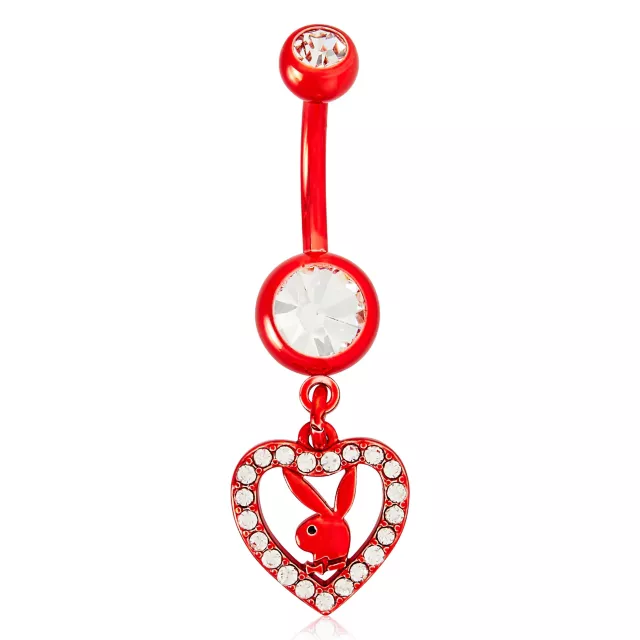 CZ Red Playboy Bunny Titanium Heart Dangle Belly Ring 14 Gauge