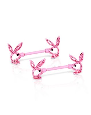 CZ Pink Playboy Bunny Cutout Titanium Nipple Barbells - 14 Gauge