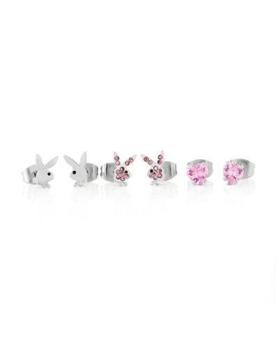 Multi-Pack CZ Pink Playboy Bunny Titanium Heart Stud Earrings - 3 Pair
