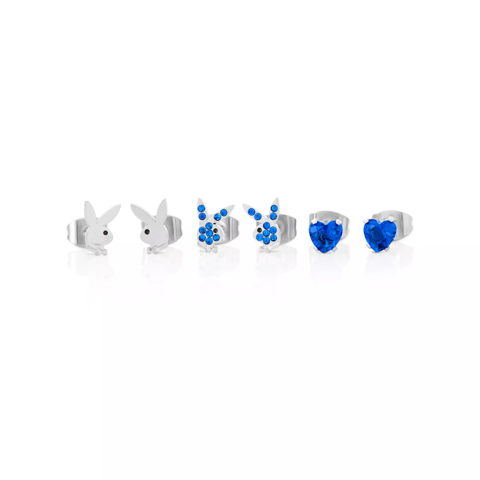 Multi-Pack Blue CZ Playboy Bunny Titanium Heart Stud Earrings 3 Pair - 20 Gauge at Spencer's