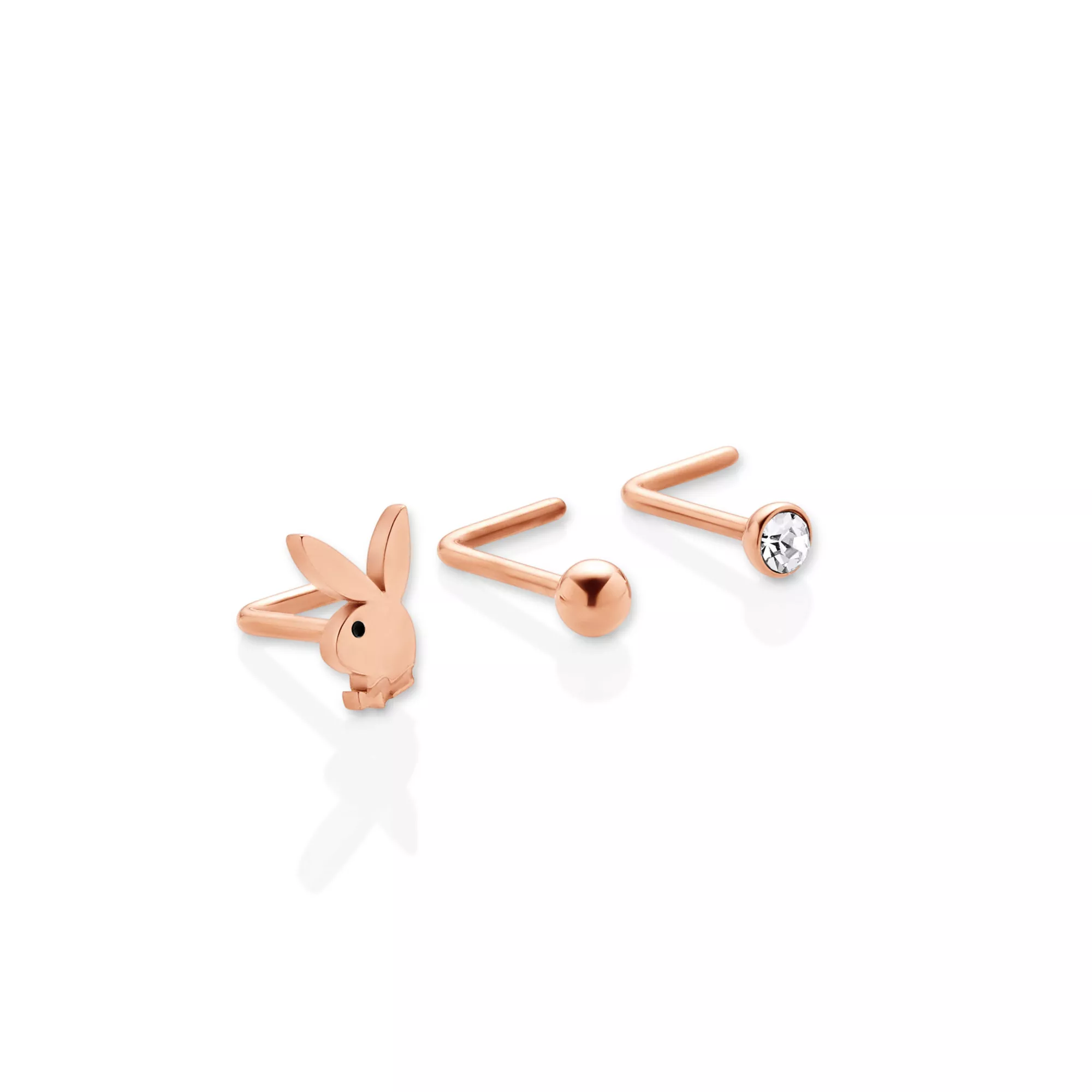 Multi-Pack Titanium and CZ Rose Goldplated Playboy L-Bend Nose Rings 3 Pack - 20 Gauge at Spencer's