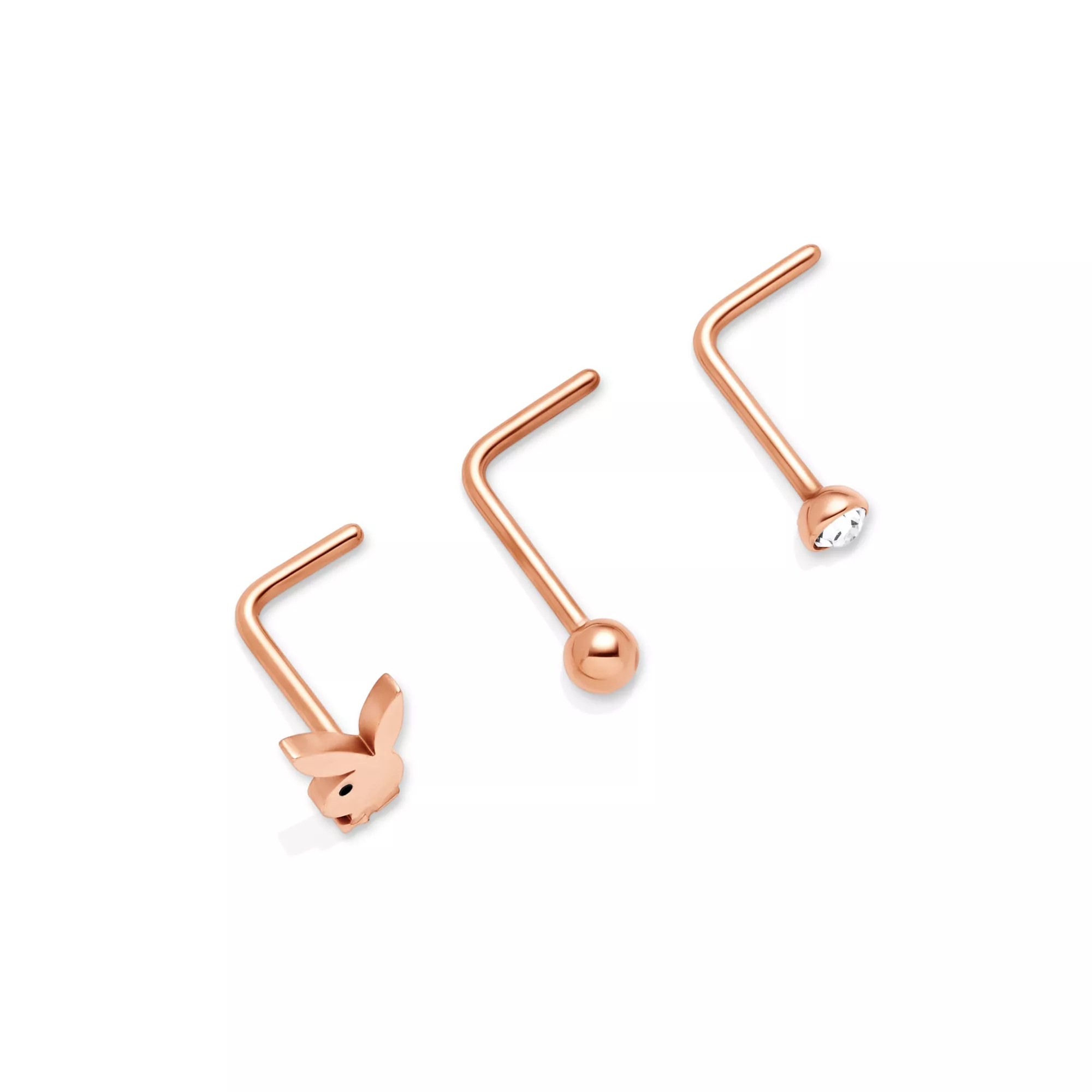 Multi-Pack Titanium and CZ Rose Goldplated Playboy L-Bend Nose Rings 3 Pack - 20 Gauge at Spencer's