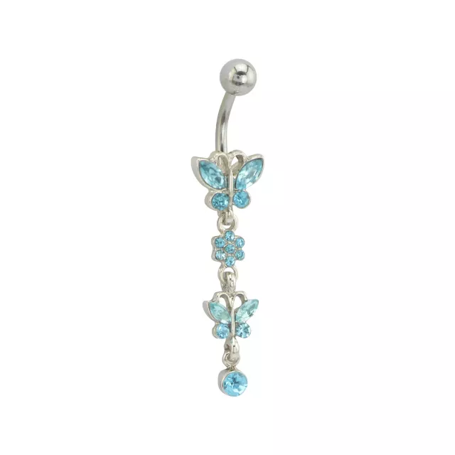 Blue and Silver Titanium Butterfly Dangle Belly Ring - 14 Gauge at Spencer's