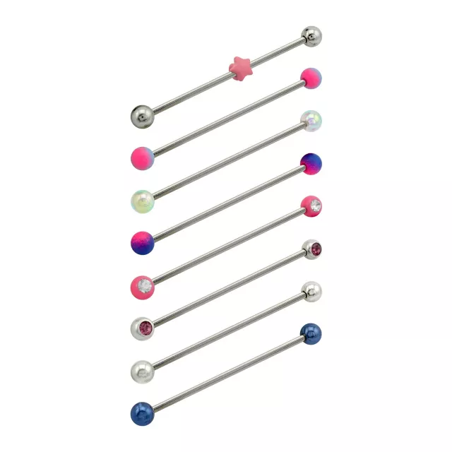 Multi-Pack CZ Silvertone Pink and Blue Star Industrial Barbells 8 Pack - 14 Gauge at Spencer's