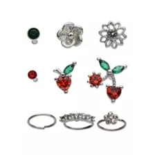 Multi-Pack Red CZ Cherry Heart Hoops and Bone Nose Rings 9 Pack - 20 Gauge at Spencer's