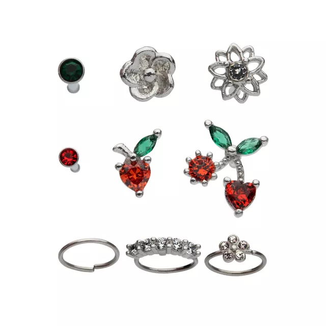 Multi-Pack Red CZ Cherry Heart Hoops and Bone Nose Rings 9 Pack - 20 Gauge at Spencer's