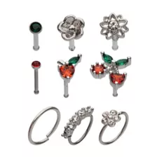 Multi-Pack Red CZ Cherry Heart Hoops and Bone Nose Rings 9 Pack - 20 Gauge at Spencer's
