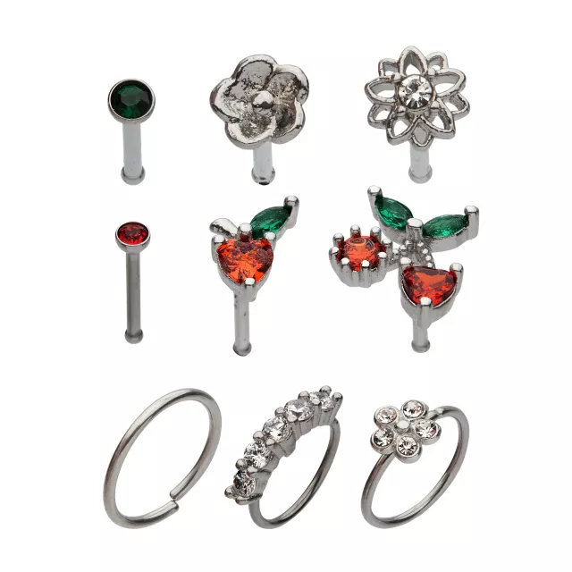 Multi-Pack Red CZ Cherry Heart Hoops and Bone Nose Rings 9 Pack - 20 Gauge at Spencer's