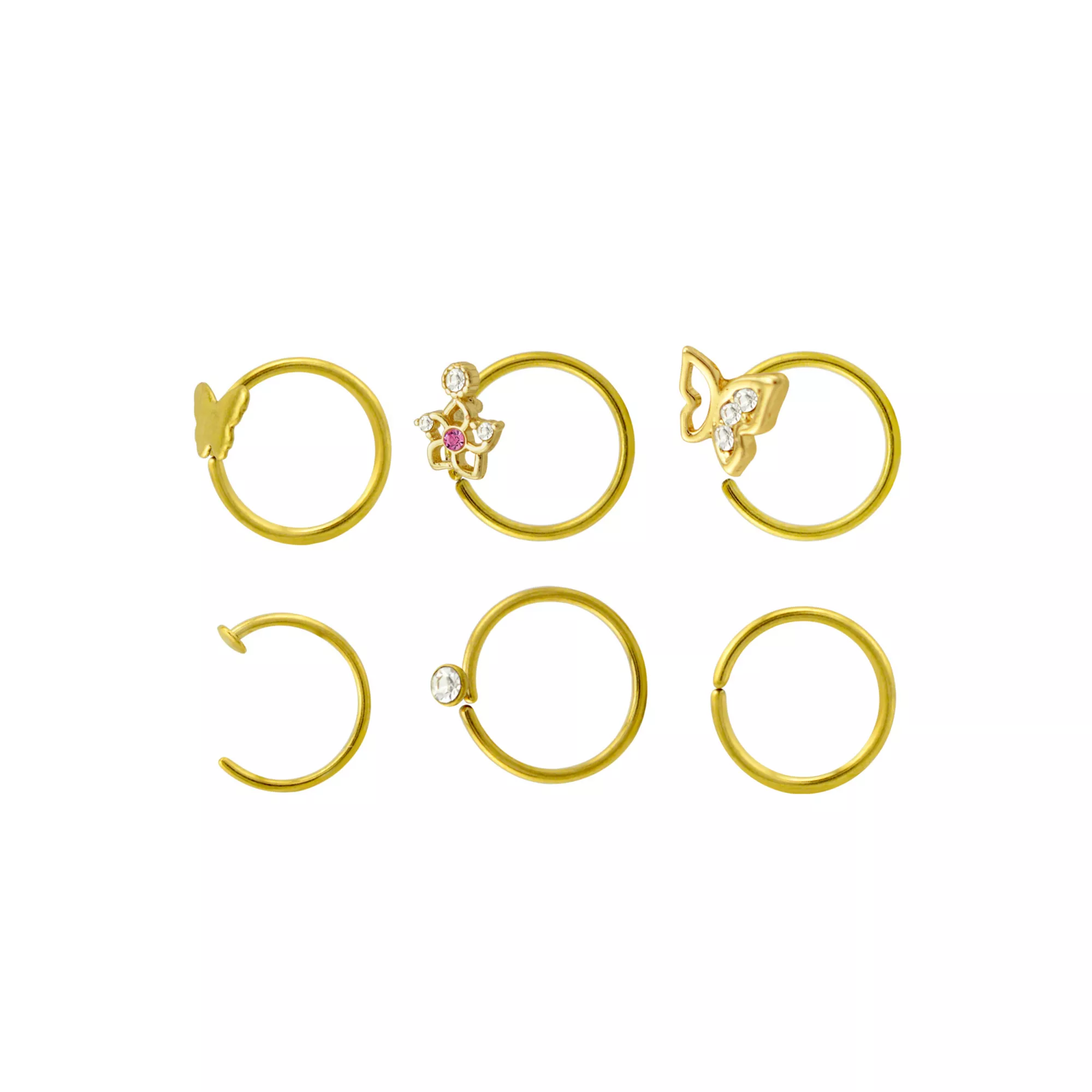 Multi-Pack CZ Goldtone Titanium Butterfly Hoop and Half Hoop Nose Rings 6 Pack - 20 Gauge at Spencer's