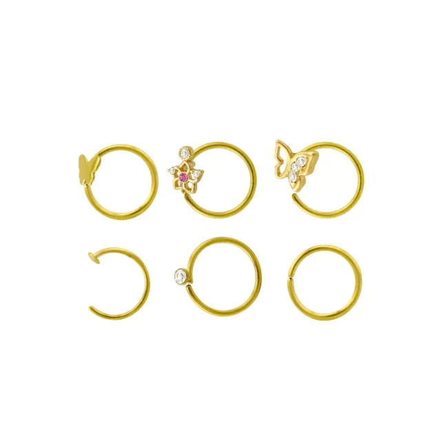 Multi-Pack CZ Goldtone Titanium Butterfly Hoop and Half Hoop Nose Rings 6 Pack - 20 Gauge at Spencer's