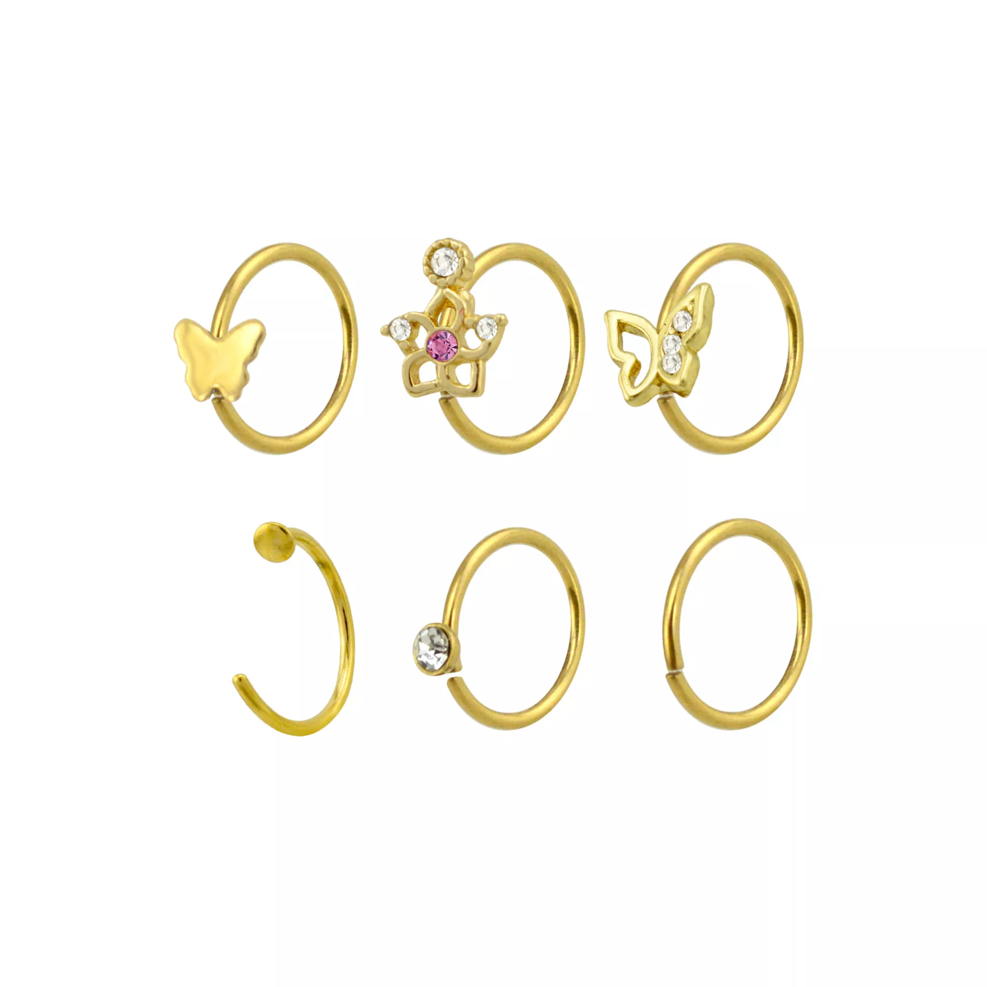 Multi-Pack CZ Goldtone Titanium Butterfly Hoop and Half Hoop Nose Rings 6 Pack - 20 Gauge at Spencer's