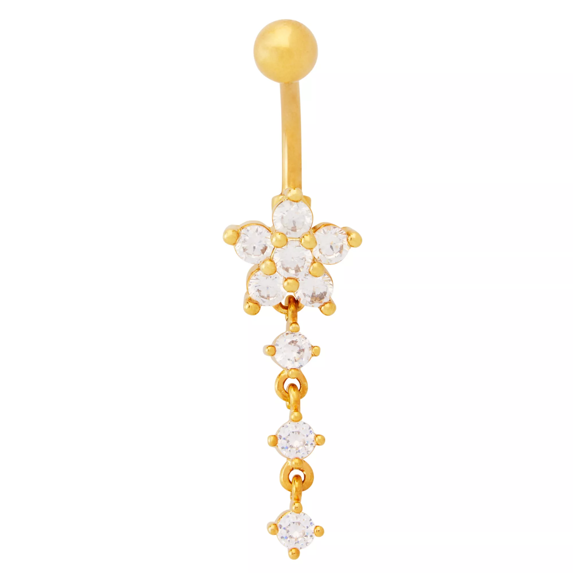 CZ Goldtone Titanium Flower Dangle Belly Ring - 14 Gauge