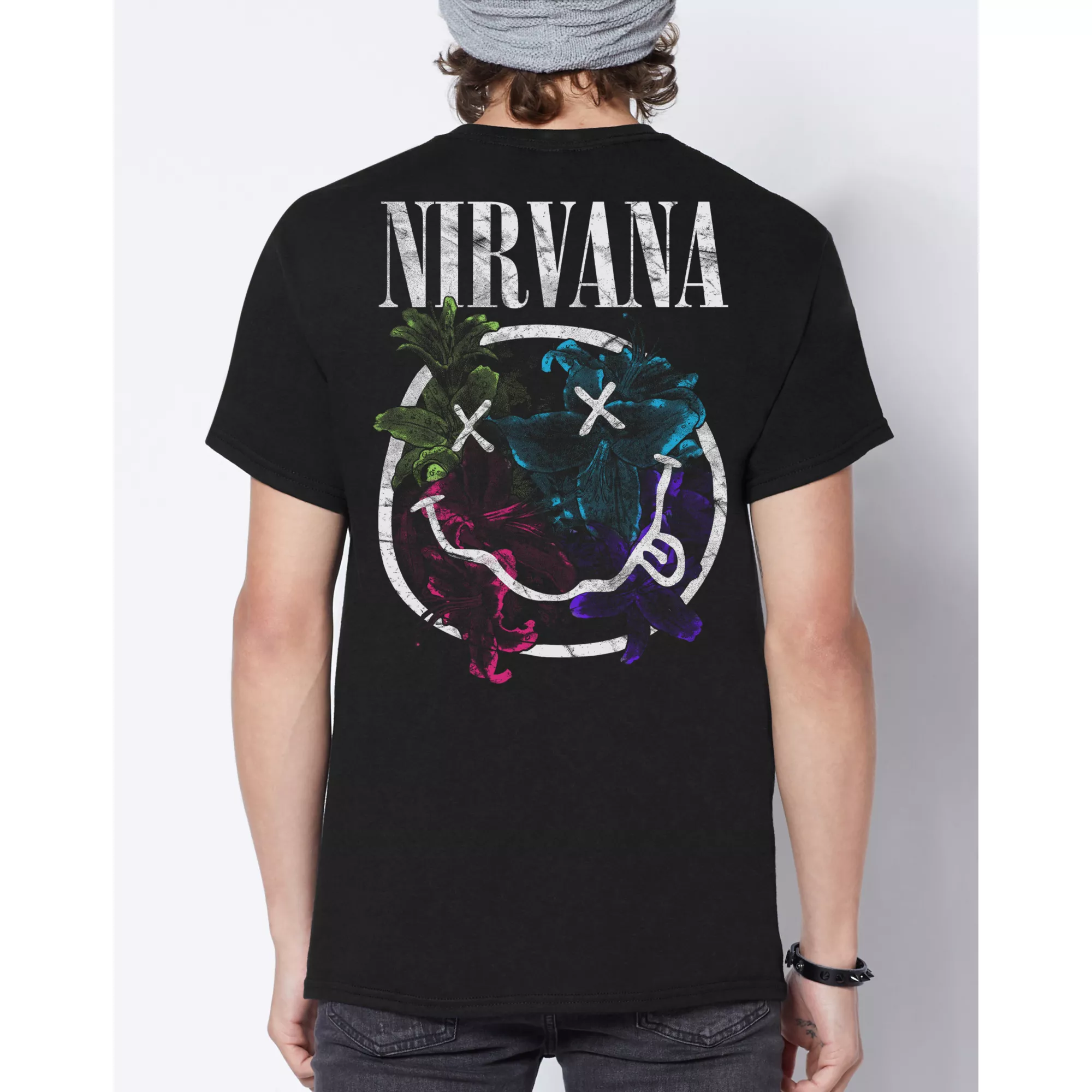 Black Floral Smiley Nirvana T Shirt at Spencer's
