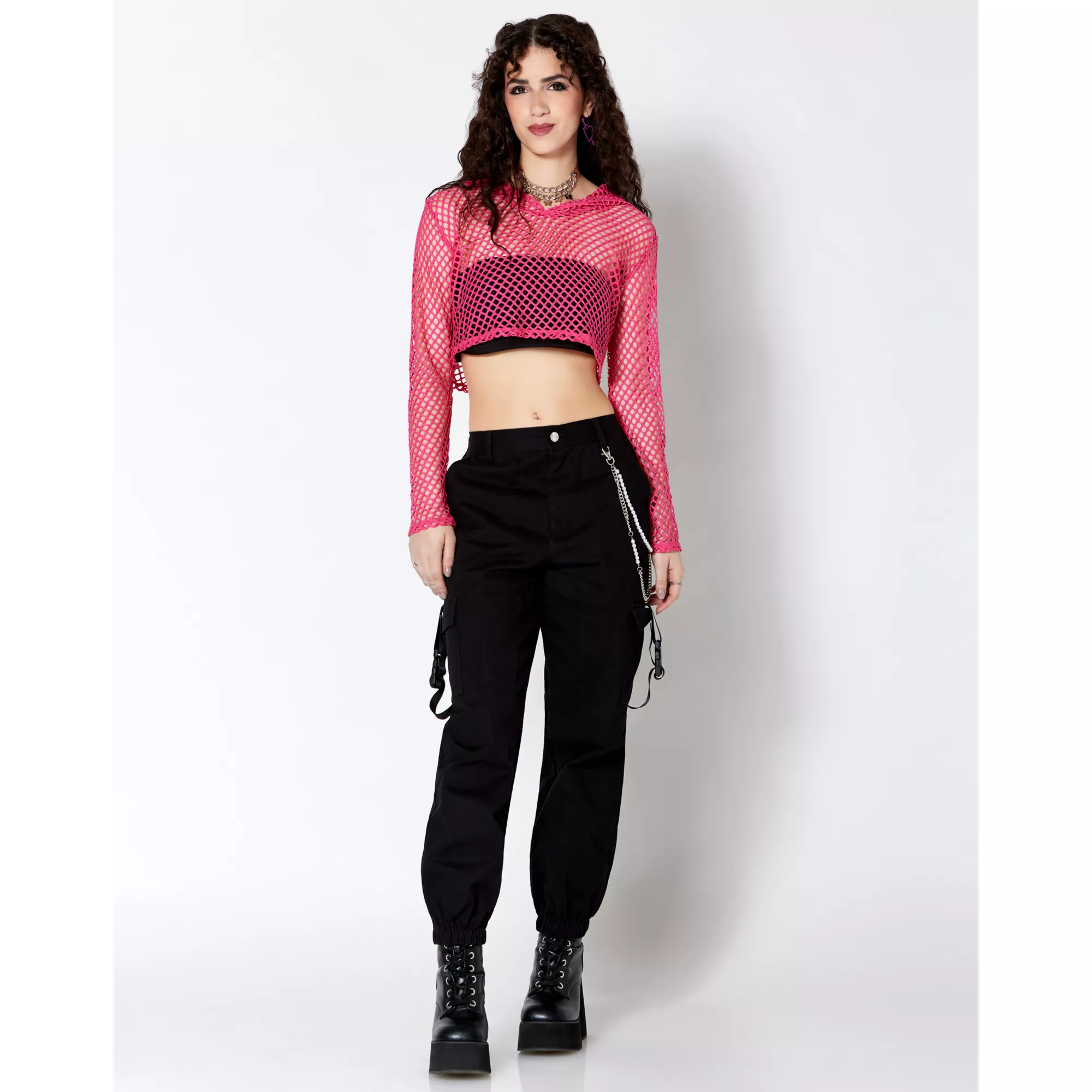 Pink Open Mesh Cropped Hoodie at Spencer's