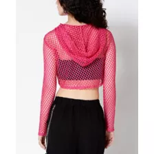 Pink Open Mesh Cropped Hoodie at Spencer's