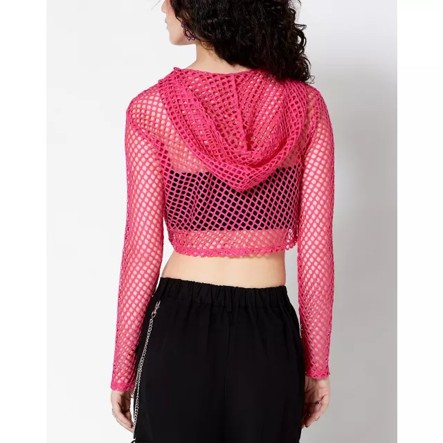 Pink Open Mesh Cropped Hoodie