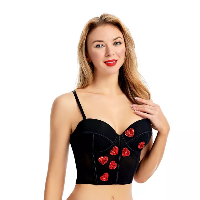 Black Cropped Bustier with Red Sequin Hearts at Spencer's