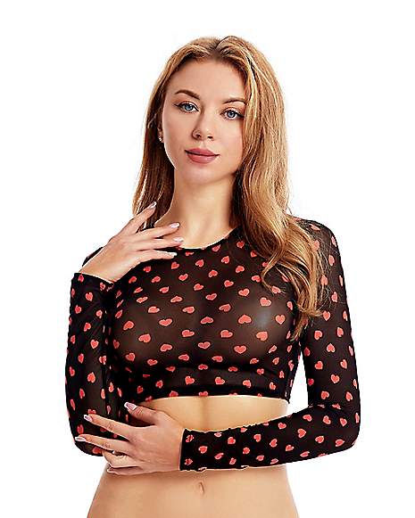 Black and Red Heart Mesh Crop Top - Spencer's