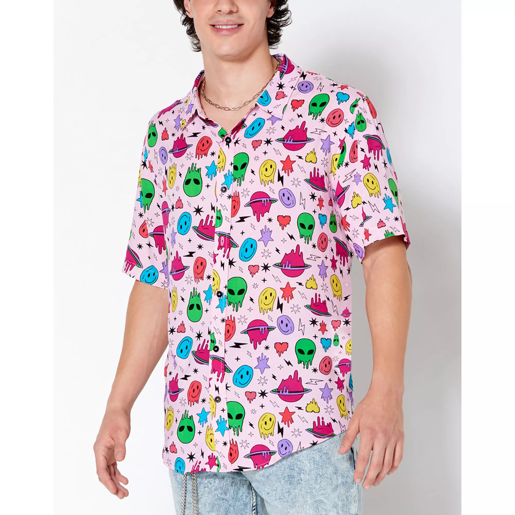 Space Alien Smiley Face Button Down Shirt at Spencer's