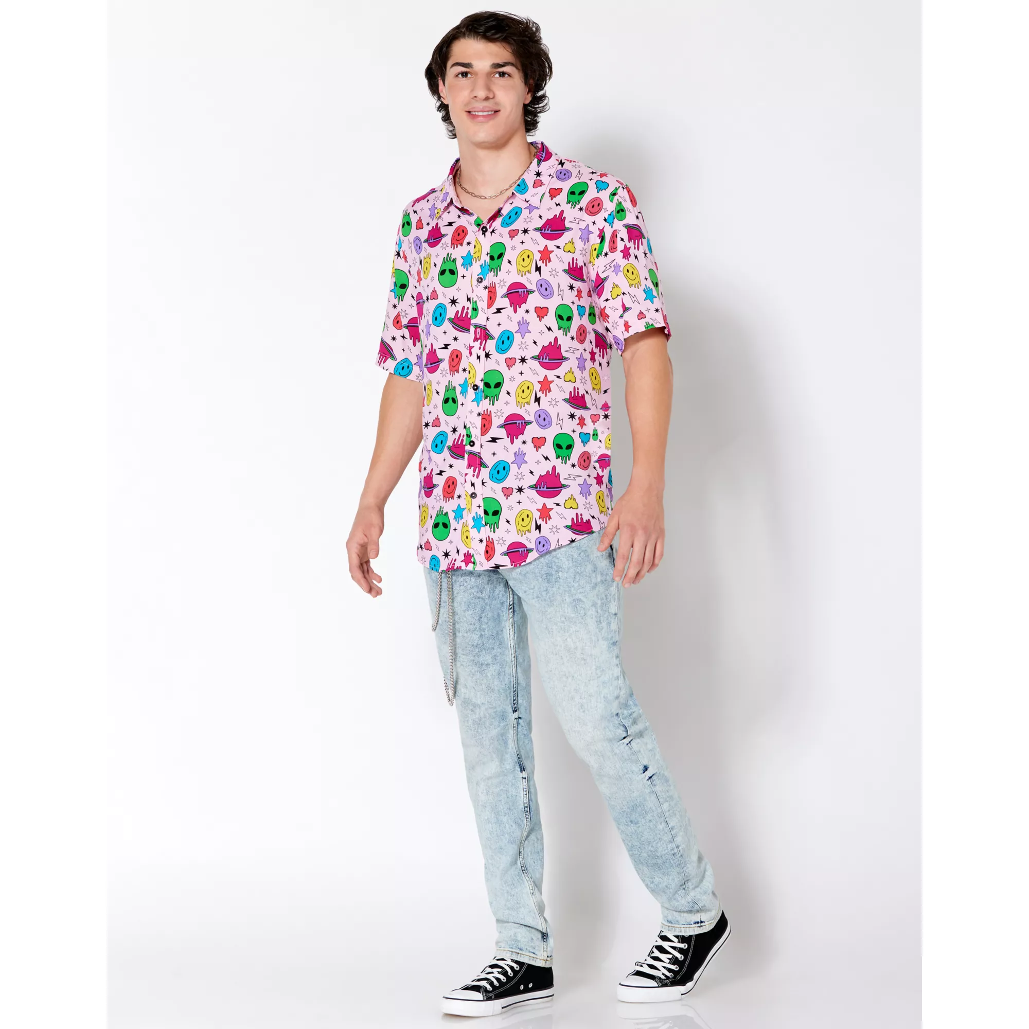 Space Alien Smiley Face Button Down Shirt at Spencer's