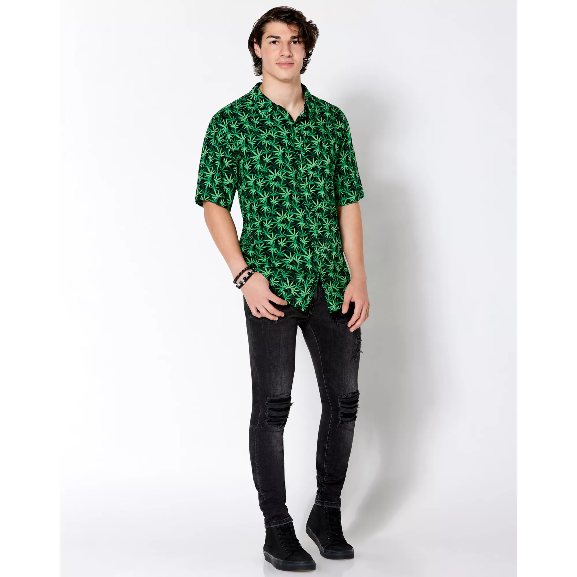 Weed Leaf Button Down Shirt at Spencer's