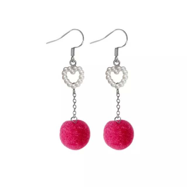 Pink Heart and Fuzzy Ball Dangle Earrings at Spencer's