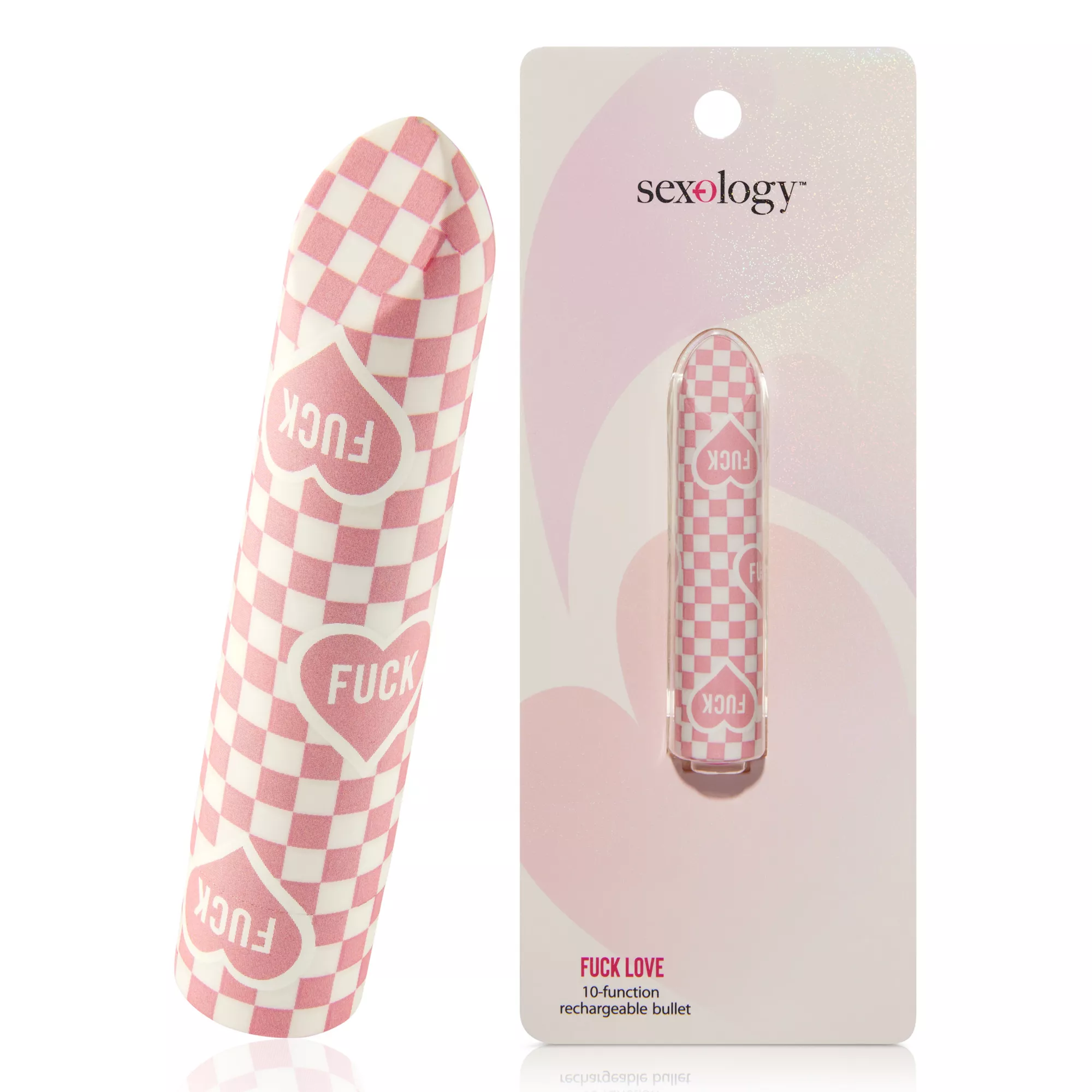 Fuck Love 10-Function Pink Checkered Rechargeable Vibrator 3.5 Inch - Sexology at Spencer's