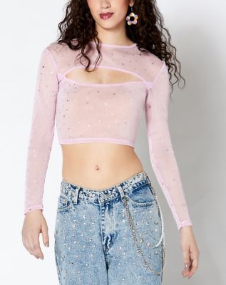 Graphic & Mesh Crop Tops - Spencer's