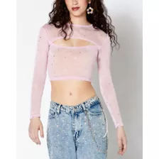 Long Sleeve Sparkle Mesh Cutout Crop Top at Spencer's