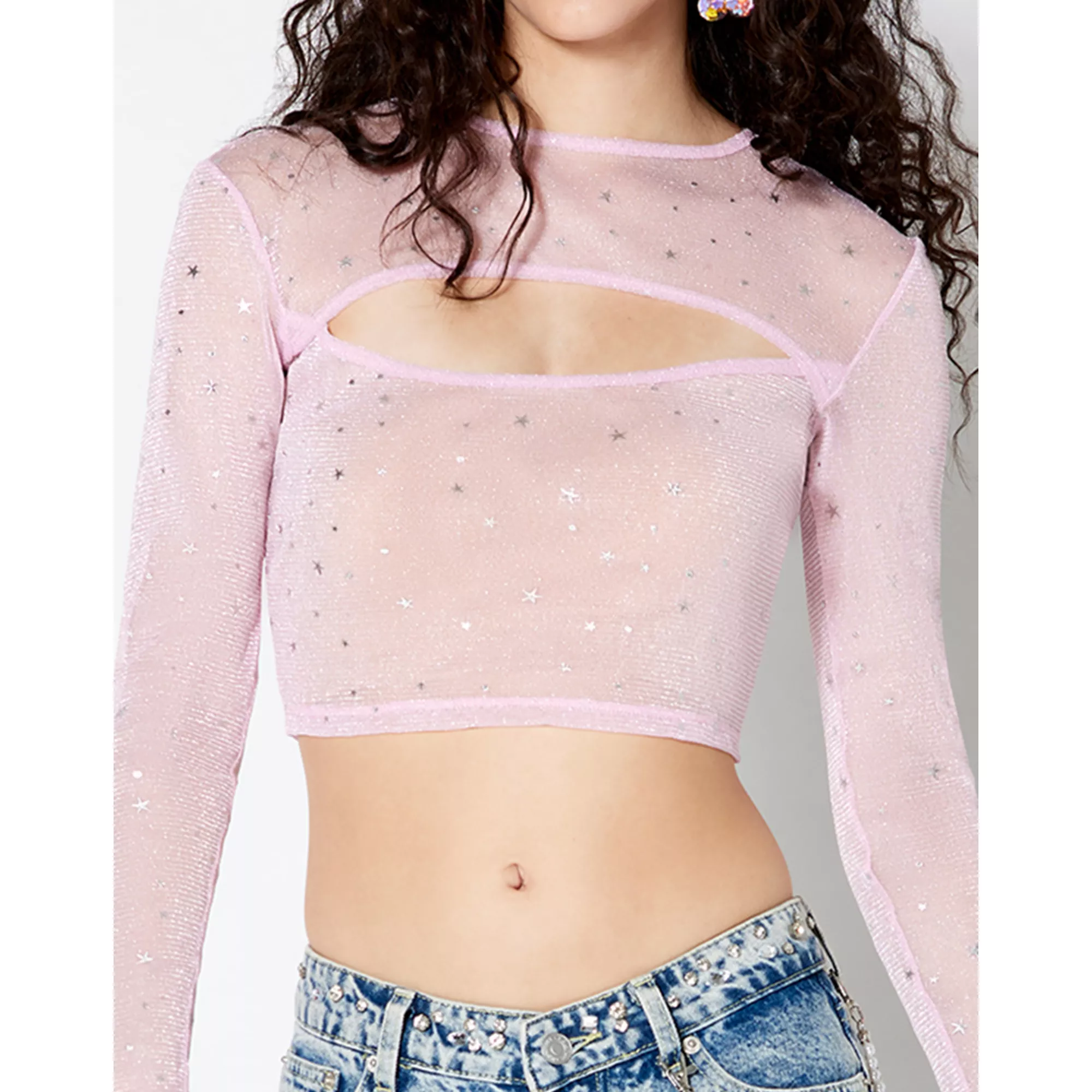 Long Sleeve Sparkle Mesh Cutout Crop Top at Spencer's