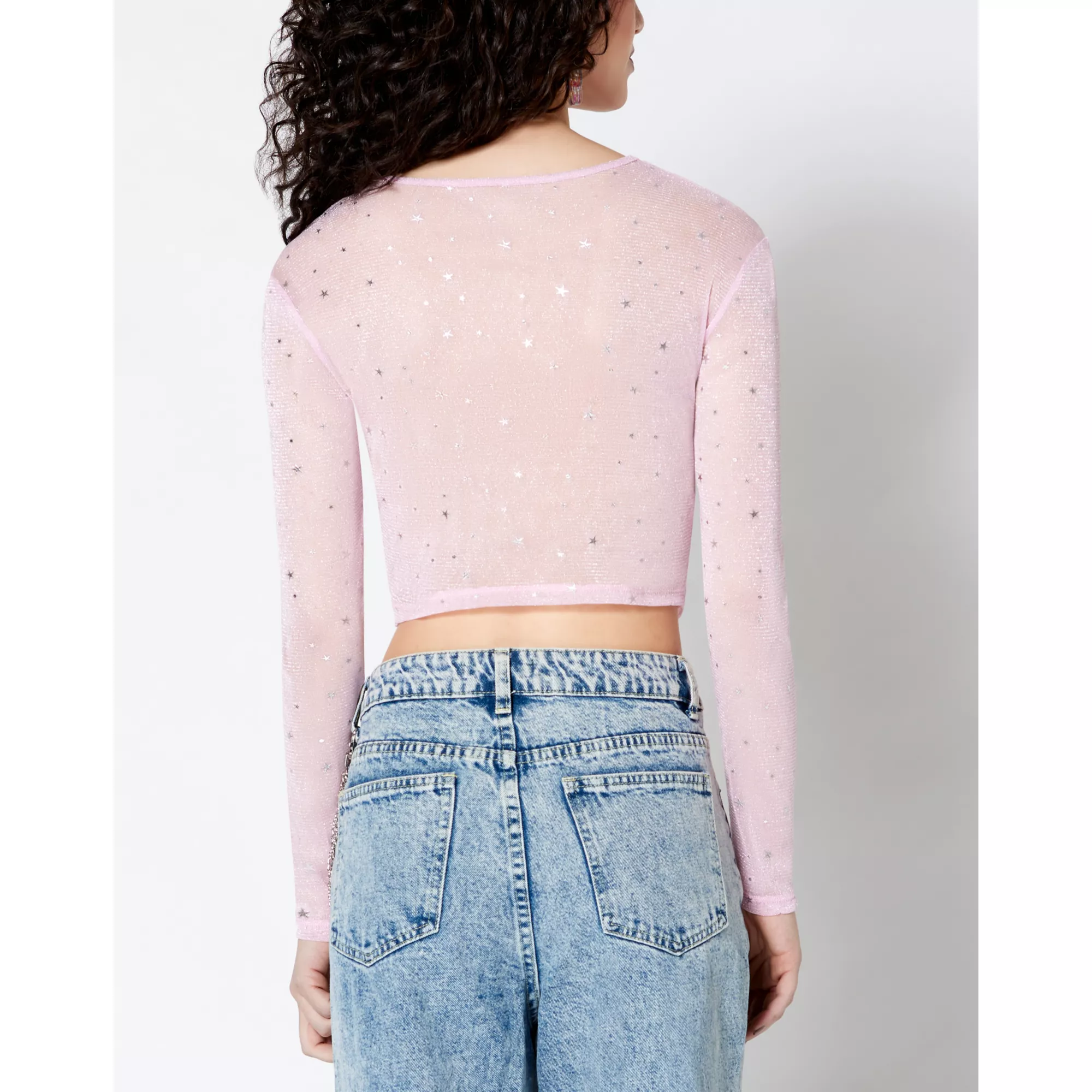 Long Sleeve Sparkle Mesh Cutout Crop Top at Spencer's