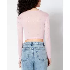 Long Sleeve Sparkle Mesh Cutout Crop Top at Spencer's