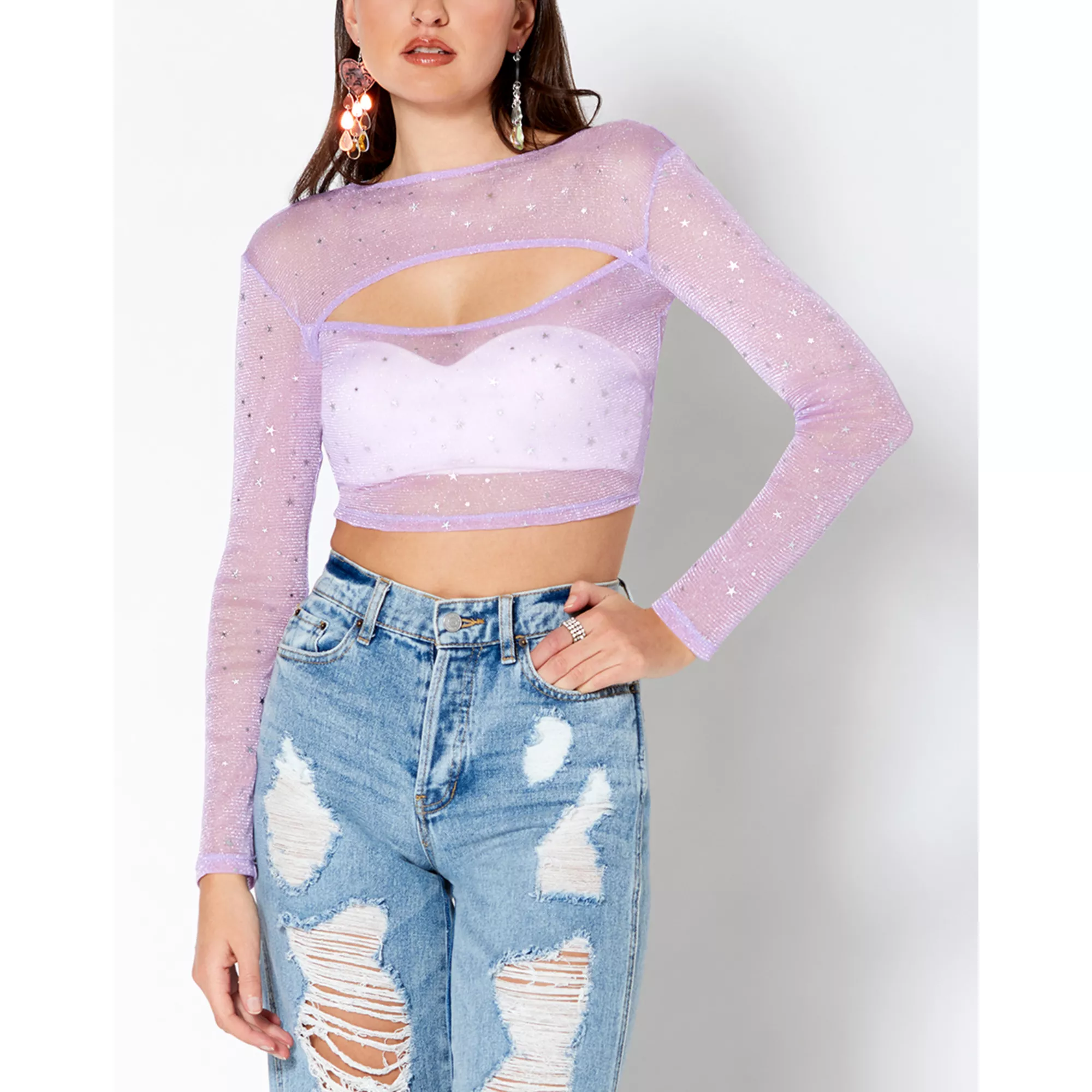 Lavender Celestial Sparkle Mesh Crop Top at Spencer's