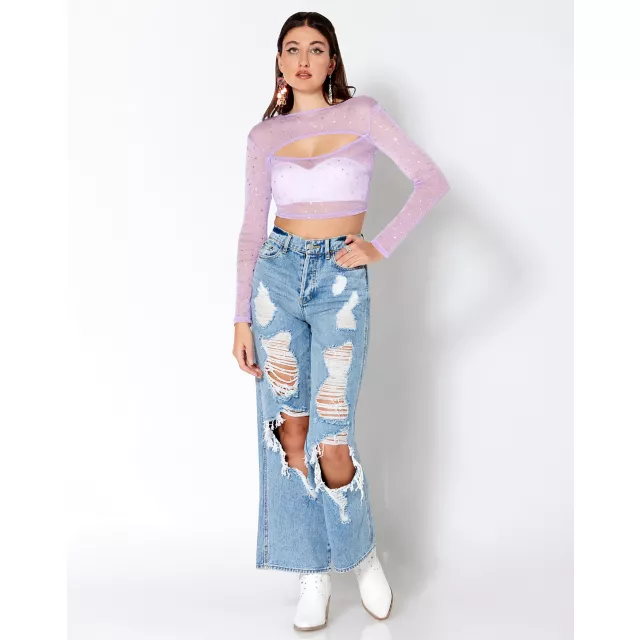 Lavender Celestial Sparkle Mesh Crop Top at Spencer's