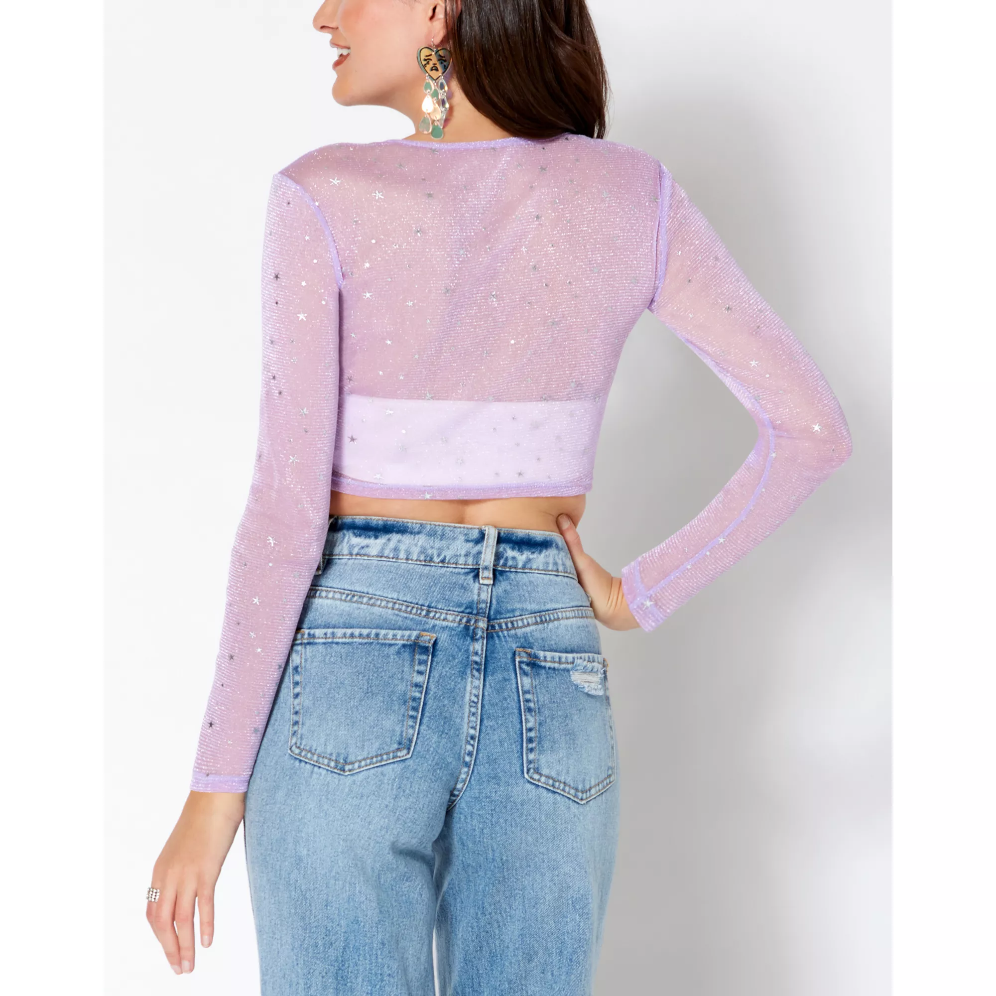 Lavender Celestial Sparkle Mesh Crop Top at Spencer's