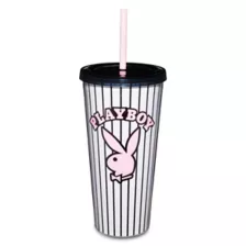 Playboy Bunny Pinstripe Cup with Straw - 20 oz. at Spencer's