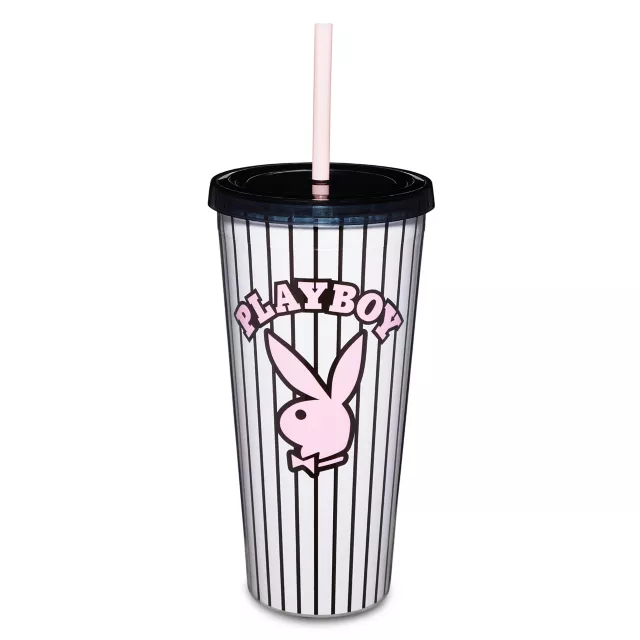 Playboy Bunny Pinstripe Cup with Straw - 20 oz. at Spencer's