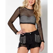 Black Open Mesh Crop Top at Spencer's