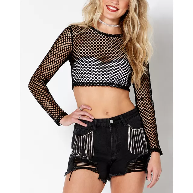 Black Open Mesh Crop Top at Spencer's