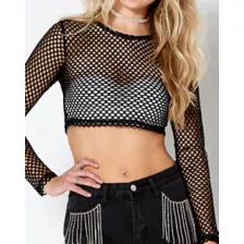 Black Open Mesh Crop Top at Spencer's