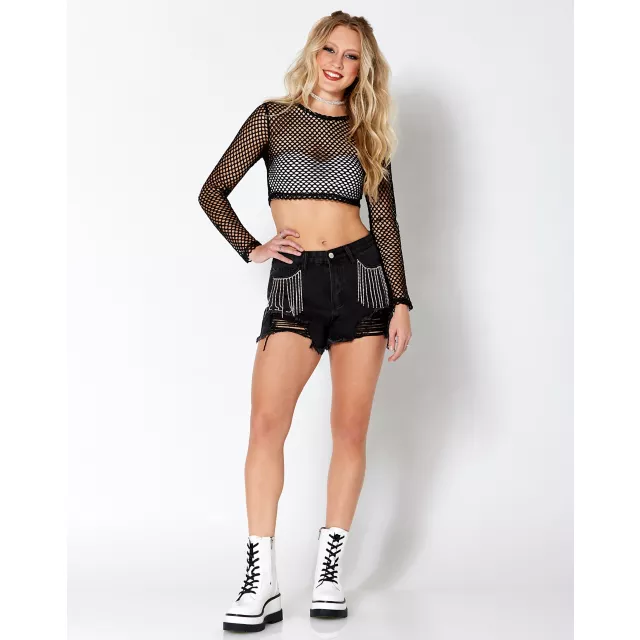 Black Open Mesh Crop Top at Spencer's