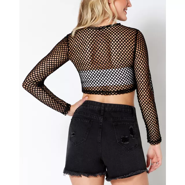 Black Open Mesh Crop Top at Spencer's