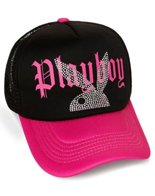 Playboy Black and Pink Rhinestone Trucker Hat - by Spencer's