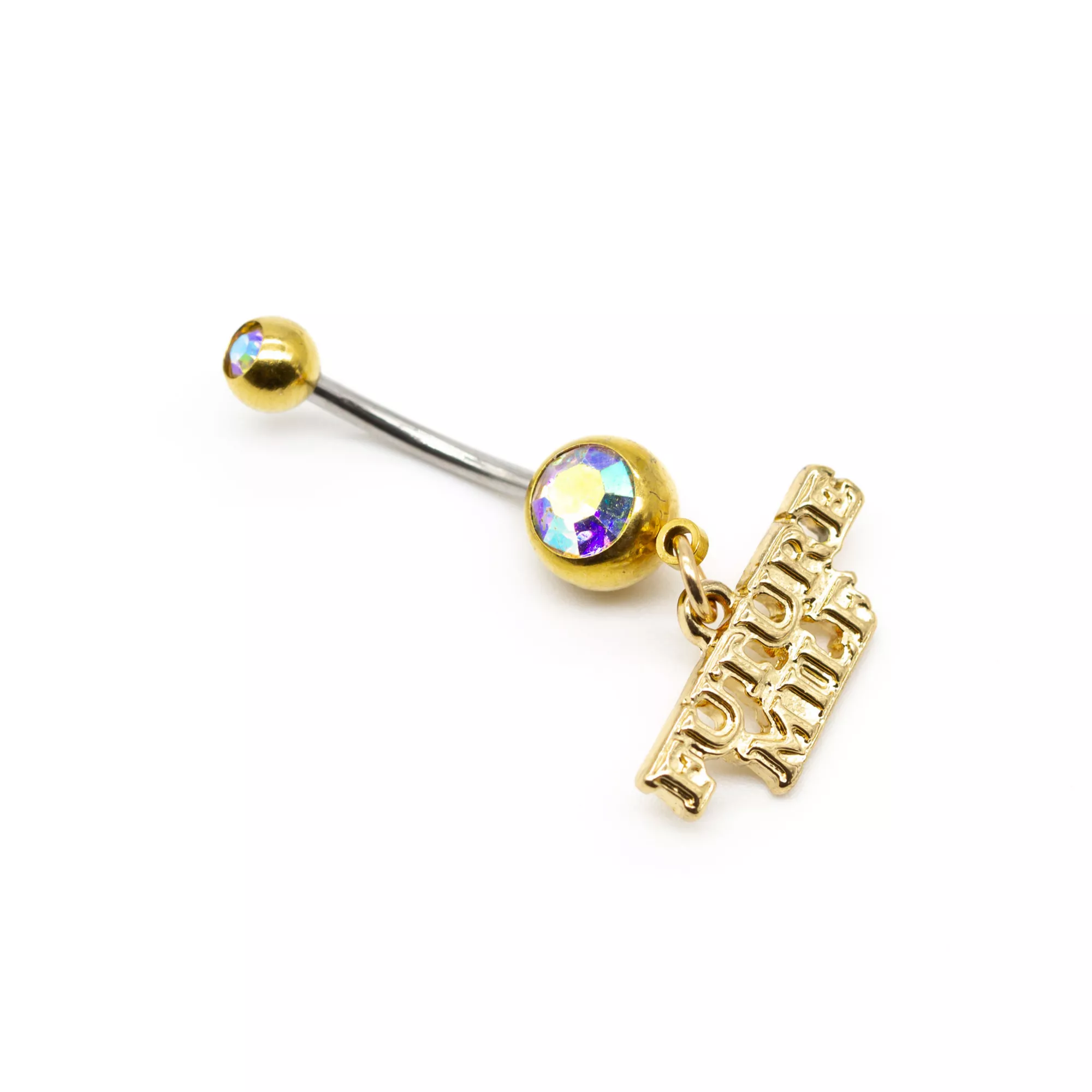CZ Goldtone Future Milf Dangle Belly Ring - 14 Gauge at Spencer's