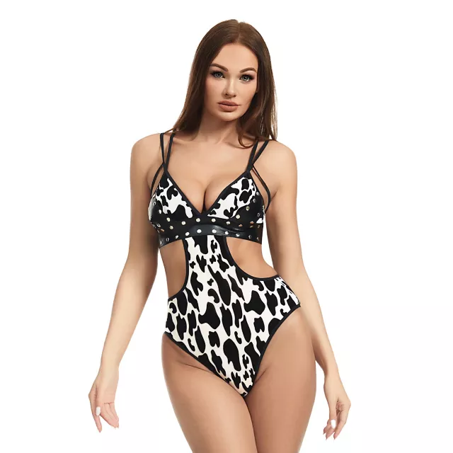 Cow Print Cutout Bodysuit - Spencer's