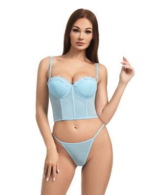 Blue Flower Trim Cropped Bustier and G-String Panties Set