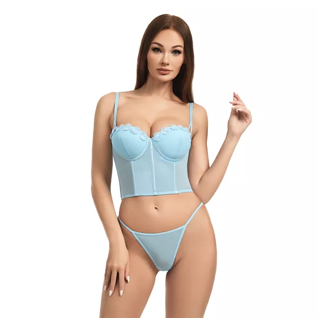 Blue Flower Trim Cropped Bustier and G-String Panties Set at Spencer's