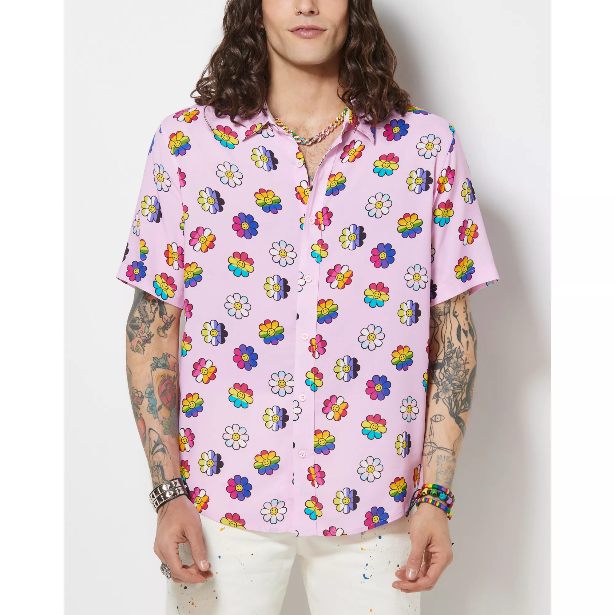 LGBTQIA Pride Flowered Button Down Shirt at Spencer's