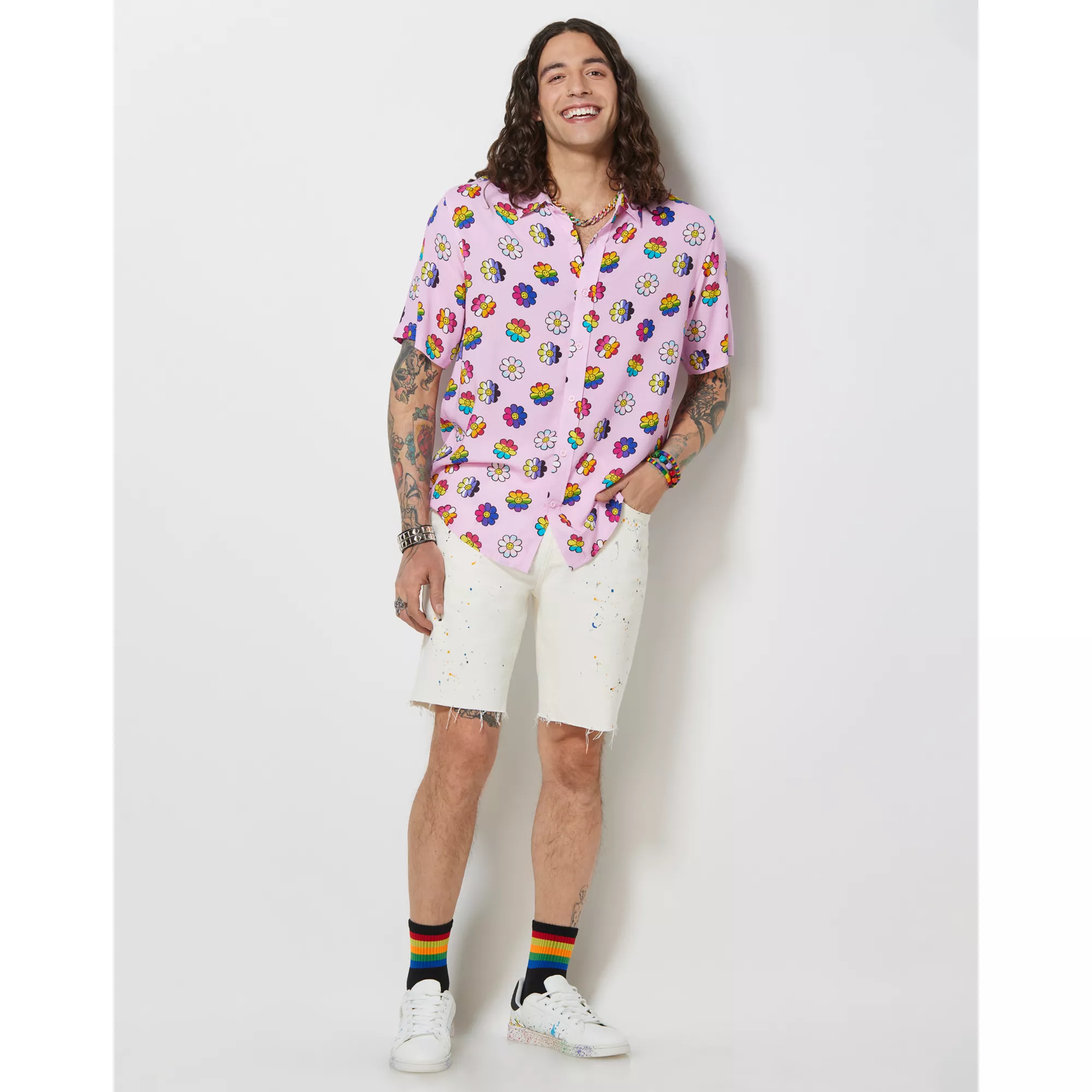 LGBTQIA Pride Flowered Button Down Shirt at Spencer's
