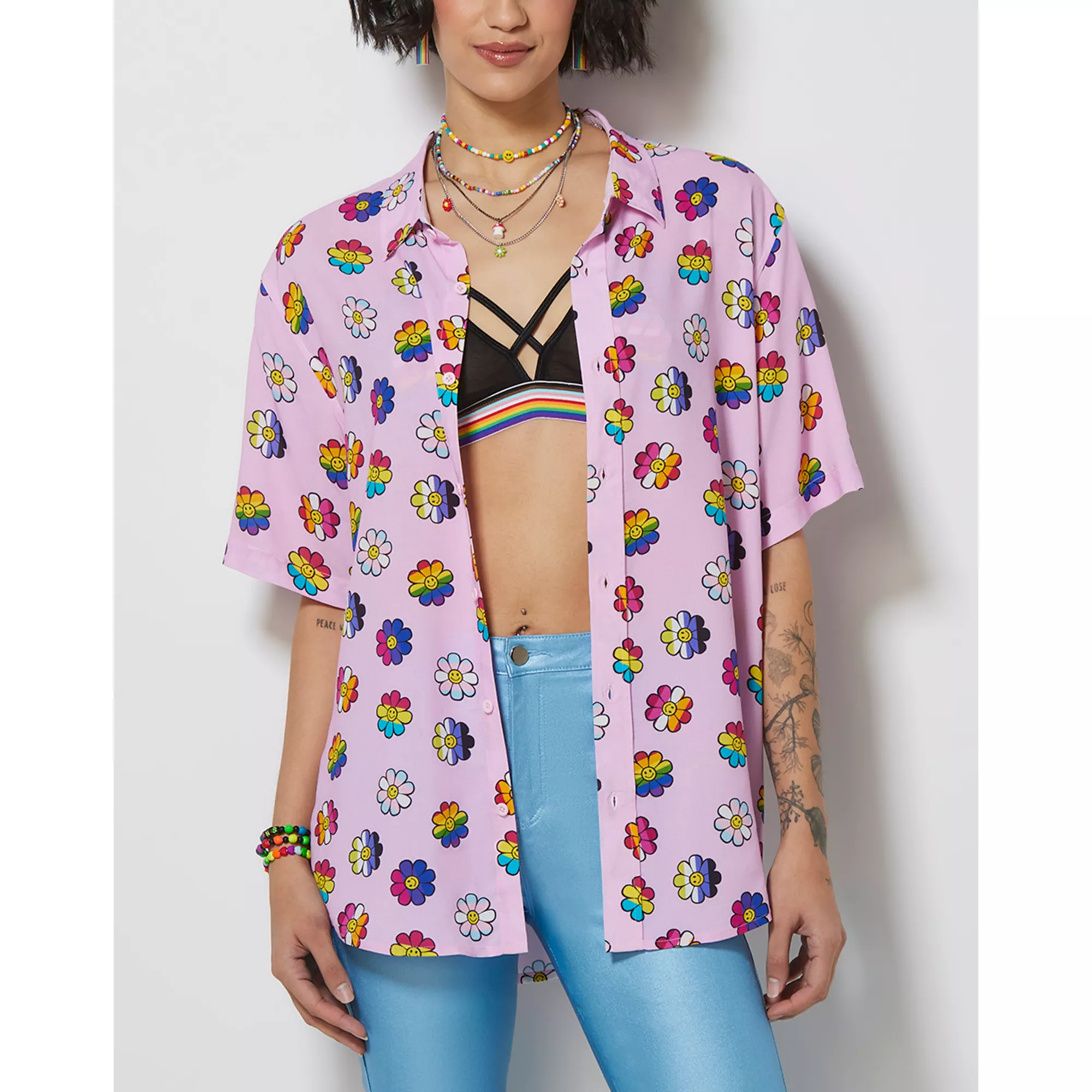 LGBTQIA Pride Flowered Button Down Shirt at Spencer's